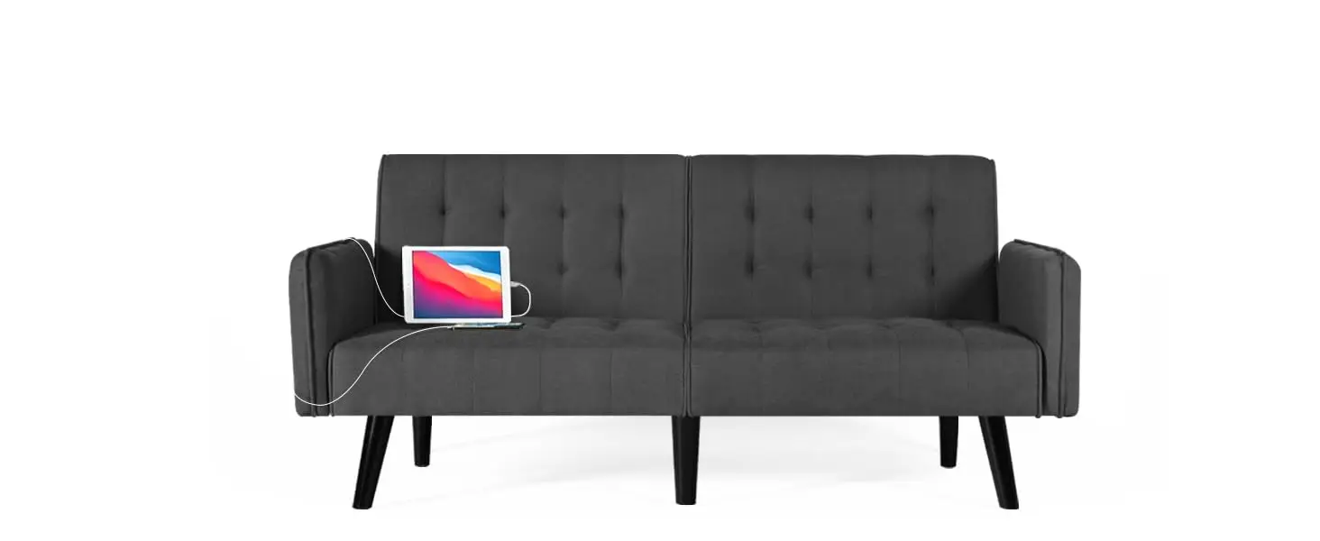 Description Picture 2 of item65“ Convertible Futon Sofa Bed w/ 2 USB, Upholstered Tufted Adjustable Folding Couch Loveseat, Modern Mid Century Sleeper Sofa