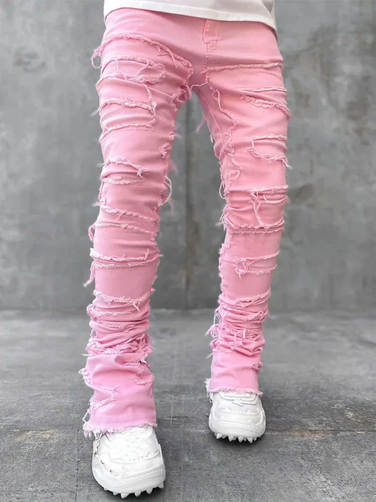 Men's Denim Straight Pants New Europe and The United States Street Fashion Elastic Patch Personality Trend Jeans Men Pants