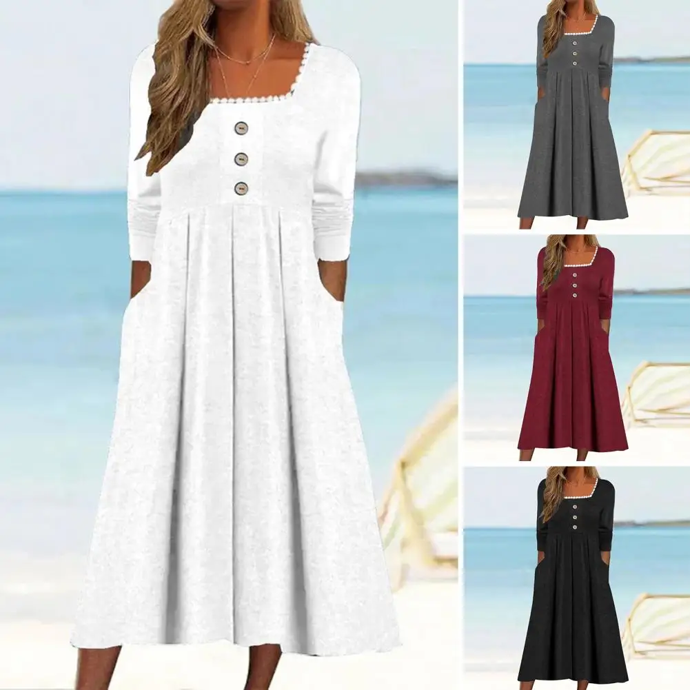 

Elegant Lace Neckline Midi Dress Chic Lace Neckline Midi Dresses with Buttons Pockets A-line Streetwear for Women Women Midi