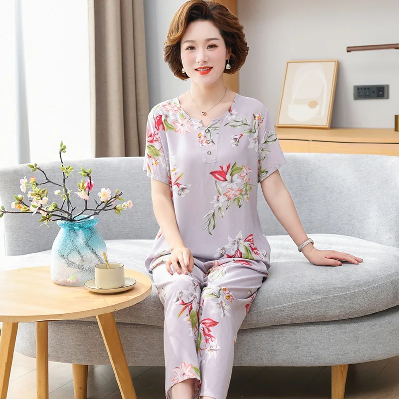 Middle-Aged and Elderly women pajamas set cotton pajamas set Summer Short Sleeve Trousers Set Cotton Rayon Mom Ladies Loungewear