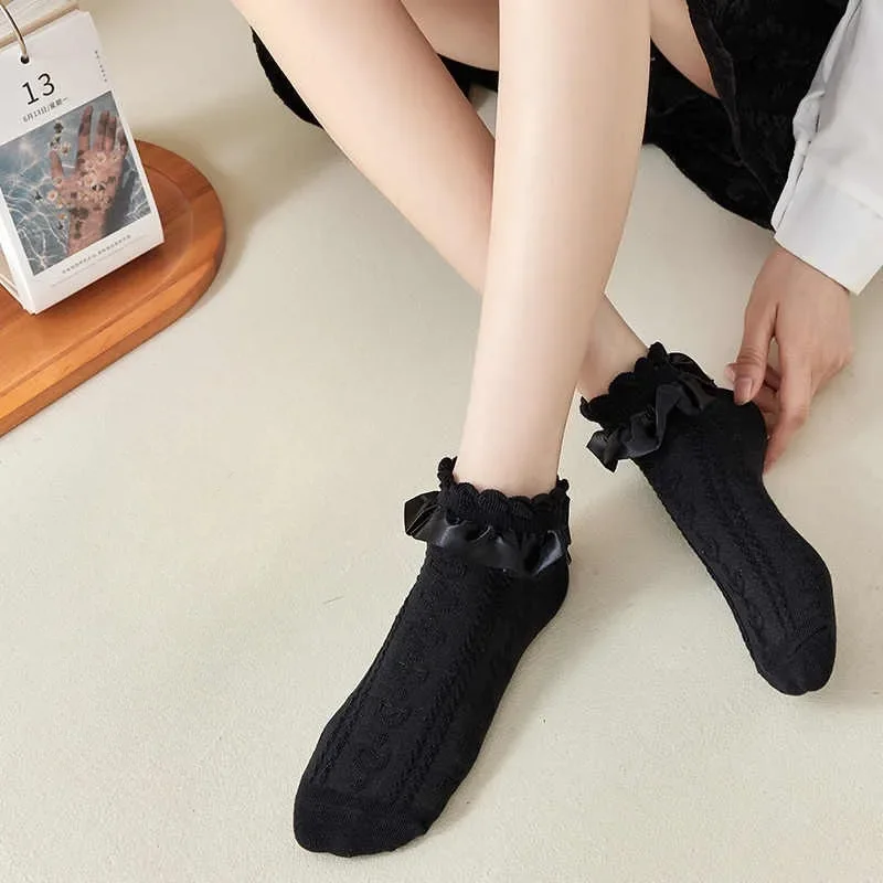 Kawaii Children Ruffle Socks JK Sweet Girls Lolita Cute Princess Cotton Thin Breathable Solid Color Black White Low Tube Socks