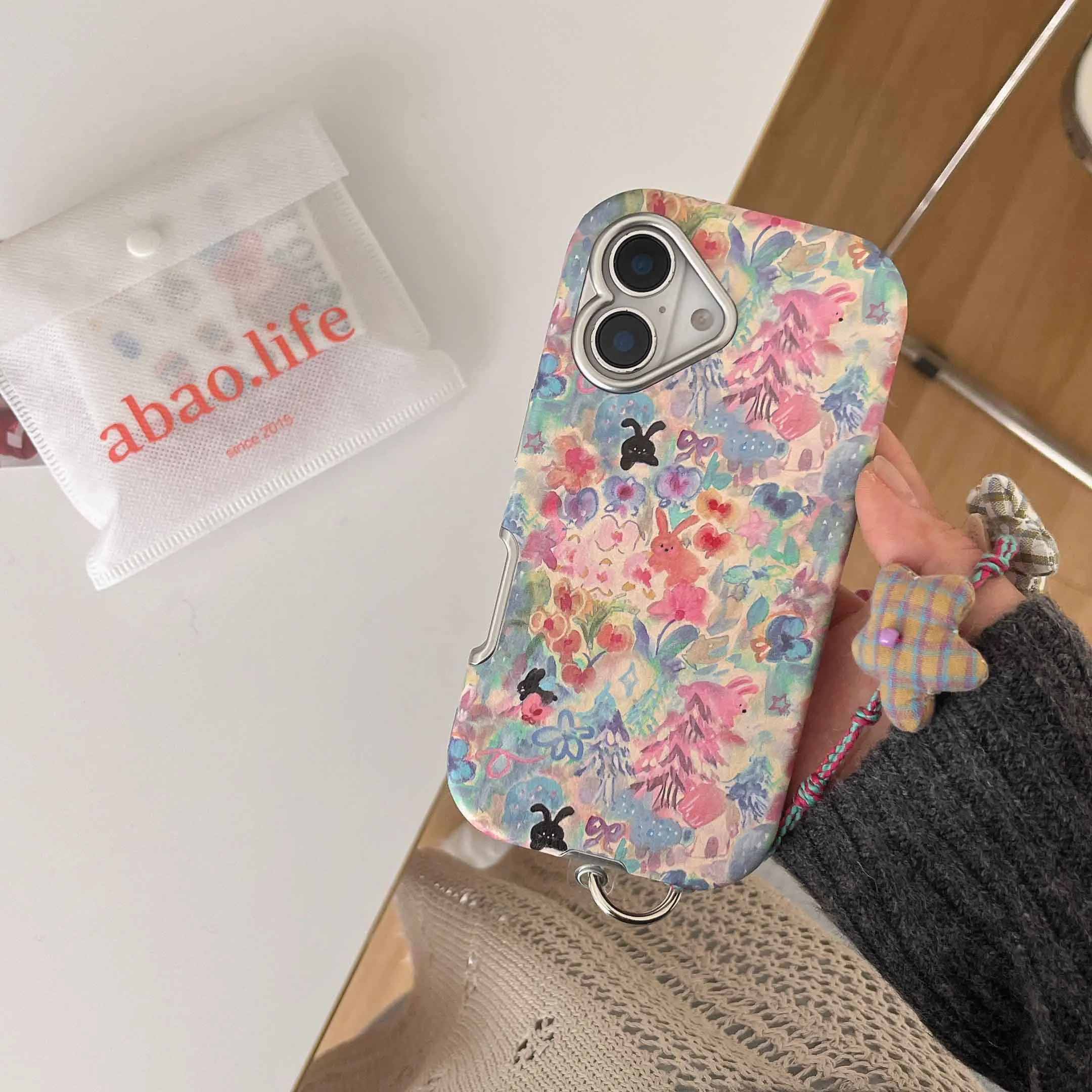 Vibrant Floral Leather Phone Case with 3D Star Cloth Design and Rope Strap