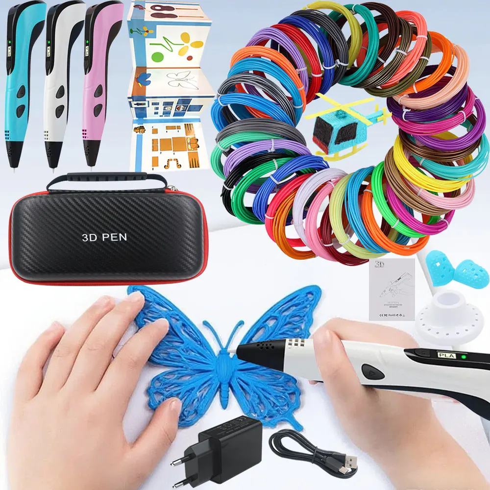 새로운 고품질 어린이 3D 인쇄 펜, LCD 디스플레이, 전원 어댑터, 여행 가방, 컬러 PLA 필라멘트 포함, 생일/크리스마스 선물