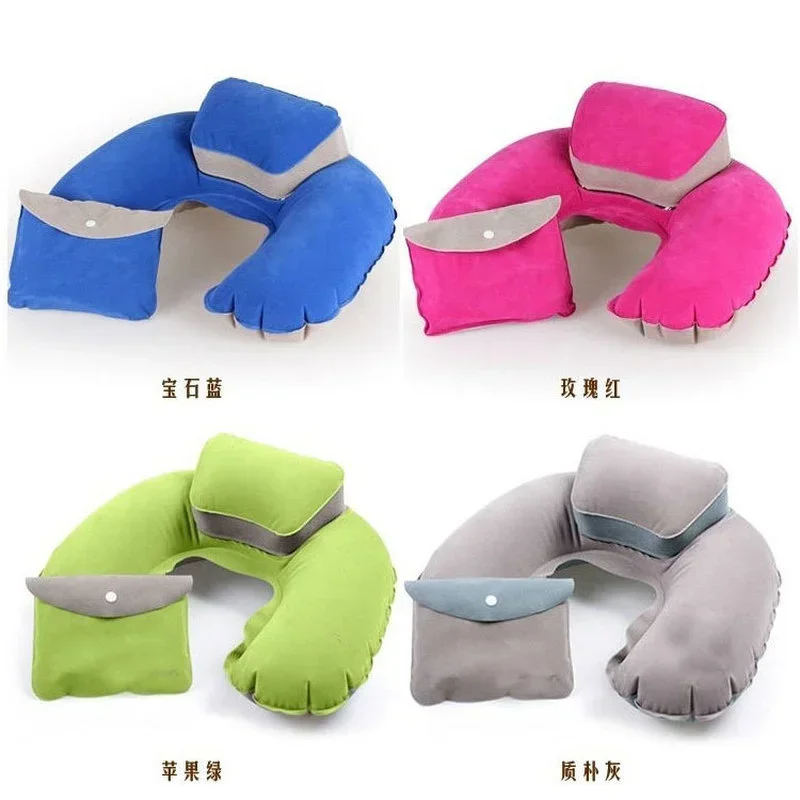 Portable Inflatable U Shape Neck Blow Up Folding Travel Office Plane Hotel Pillow PVC Flocking Air Cushion