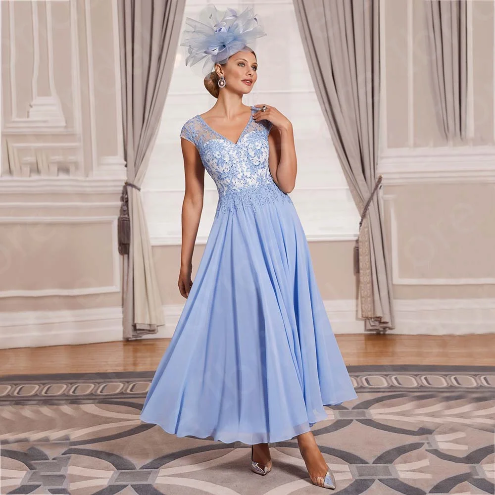 

Charming Sky Blue Lace Mother Dresses with Shawl of the Bride Ankle Length Two Pieces Wedding Guest Dress 2023
