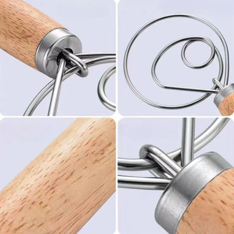 Wooden Hand Dough Whisk Stainless Steel Doutch Dough Whisk Kichen Cooking Whisks Utensil Egg Beater Pastry Tool