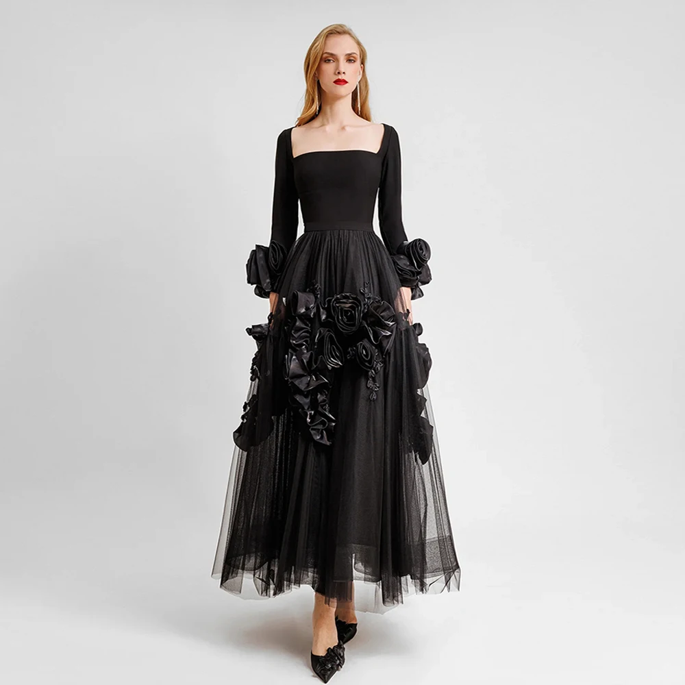 Fashion Black Prom Dress Handmade Rose Flowers Long Sleeves Square Neck Tulle A Line Saudi Arabic Evening Dresses Party Gown