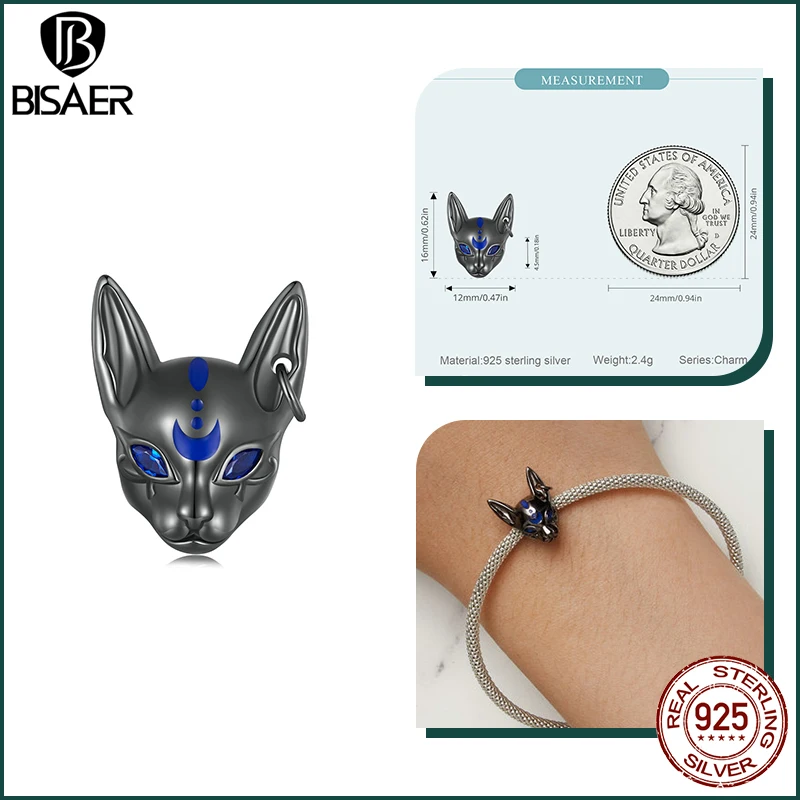 BISAER 925 스털링 빈티지 고양이 매력 구슬 이집트 고양이 신 백조 펜던트 도금 블랙 골드 맞는 여성 DIY 팔찌 파인 쥬얼리