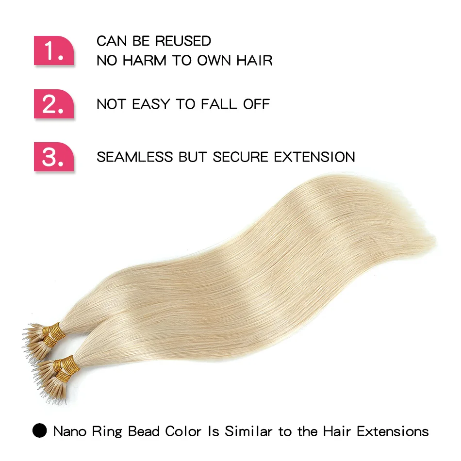 Extensioni per capelli umani con anello nano da 50/100 ciocche, 100% capelli umani Remy europei, 14-24 pollici, lisci, pre-incollati con micro anelli - immagine 3