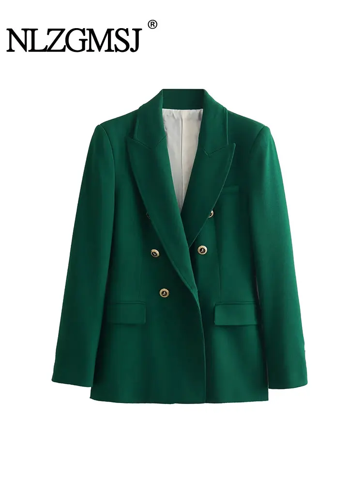 

Nlzgmsj TRAF 2023 Chic Green Office Lady Oversized Long Blazer Women V Neck Long Sleeve Double Breasted Jackets Female Outwear