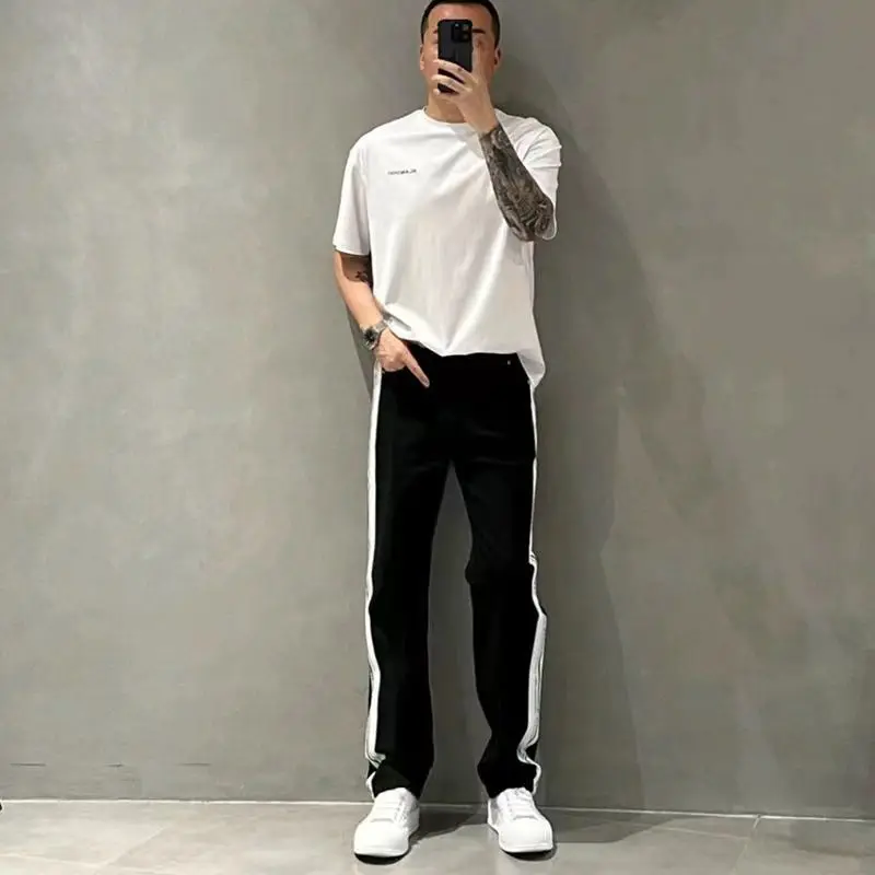 Spring Autumn Loose Casual Elastic Waist Straight Pants Men Simple Patchwork Fashion All-match Sweatpants Male Wide Leg Trousers