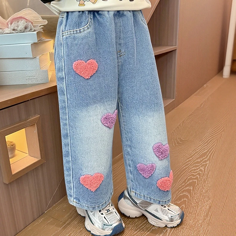 بنطلون جينز للفتيات مستقيم وفضفاض بتصميم مغسول ناعم من الدنيم، موديل خريفي جديد للفتيات الصغيرات، بنطلون واسع الساق متعدد الاستخدامات