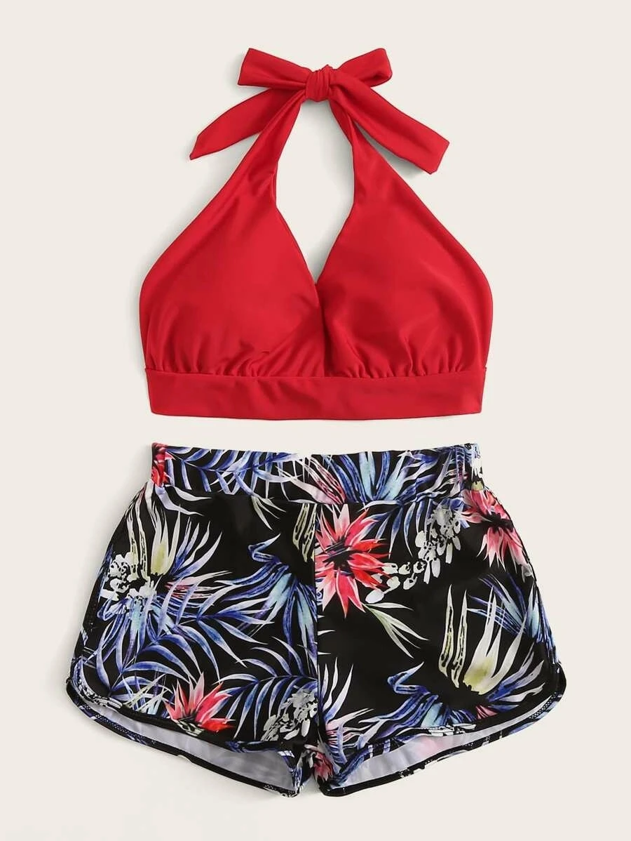 

Vintage Swimsuit Women Two Piece Swimwear Shorts Bikini Set Halter Tummy Control Bikinis Summer Beach Bathing Suit