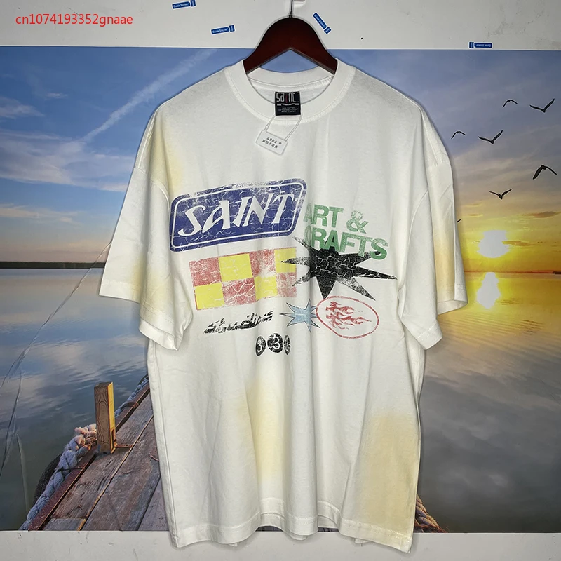 

Saint Michael Street Hip Hop Washed and Worn Out Loose O-neck Short Sleeve T-shirt Large Retro Street Short Sleeve T-shirt