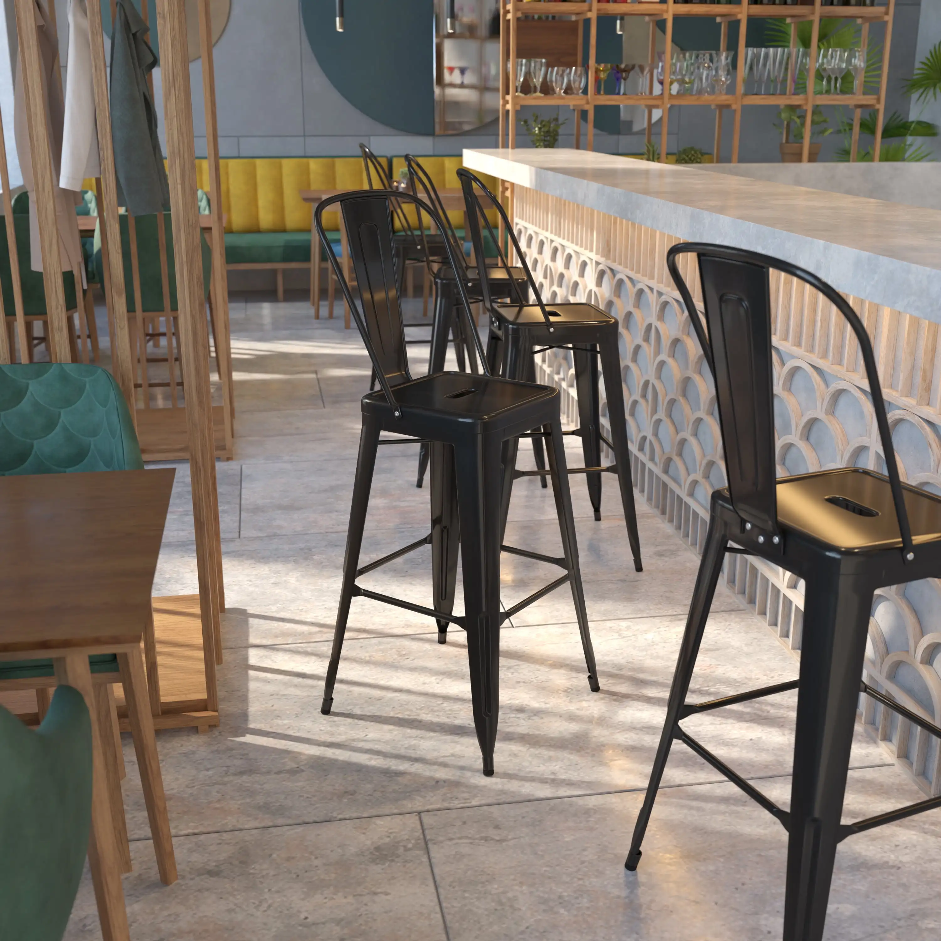 

30" High Bar Chairs Black Metal Kitchen Counter Stools w/ Removable Back