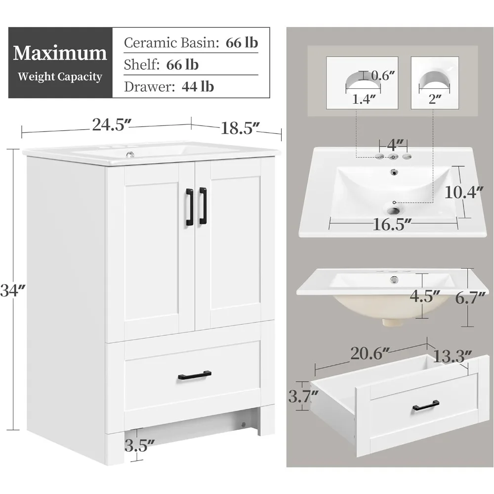 24.5" Bathroom Vanity with Ceramic Basin, Undermount Vanity Sink Cabinet with 2 Doors and 1 Drawer, Bathroom Storage Cabinet 2