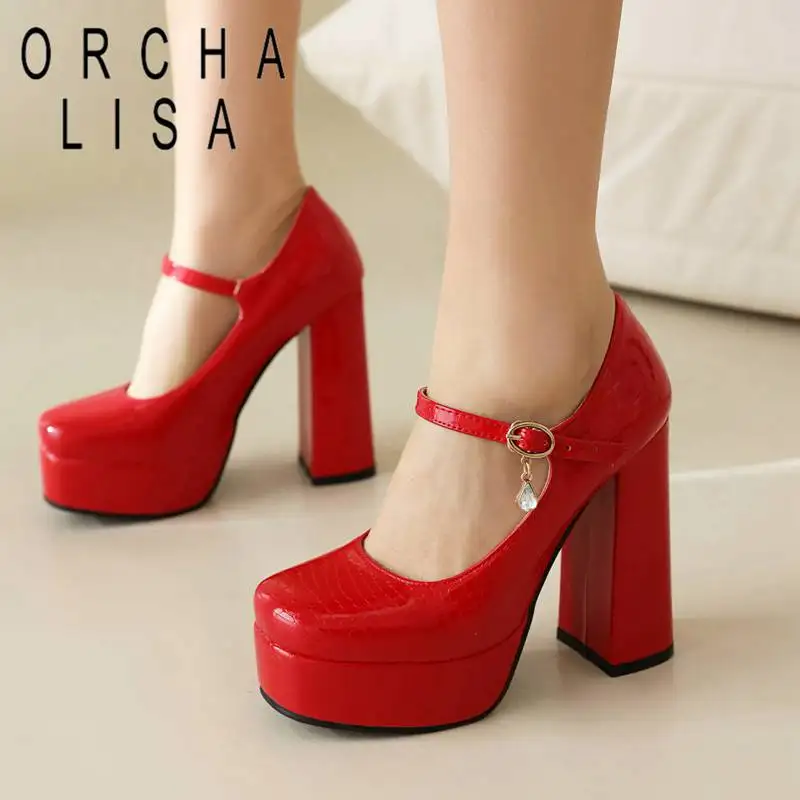 

ORCHA LISA Female Pumps Square Toe Chunky Heel 12cm Platform 3cm Buckle Strap Plus Size 44 45 Sexy Solid Wedding Shoes For Women