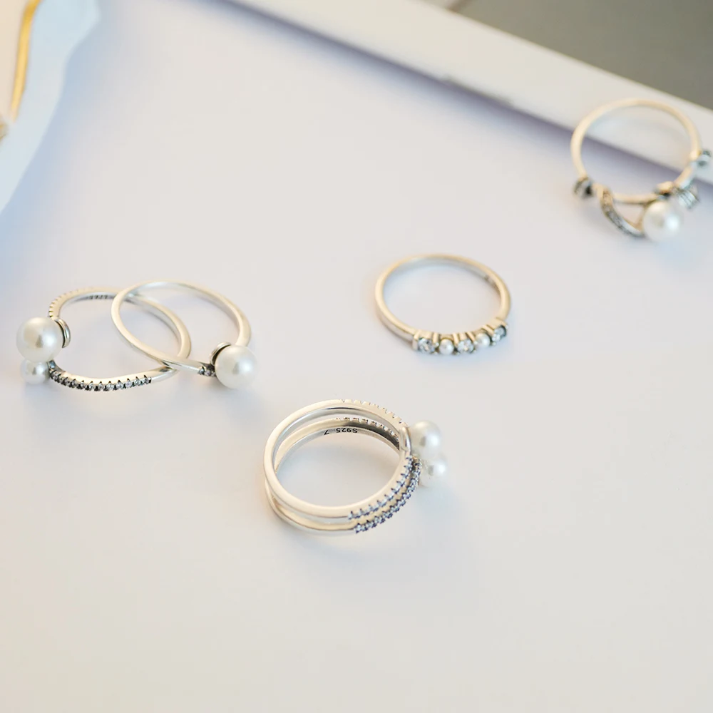 Real 925 Silver Original Women Pearl Entwined Streamer Ring Women's Simple Fashion Pop Ring Anniversary Love Gift DIY 2