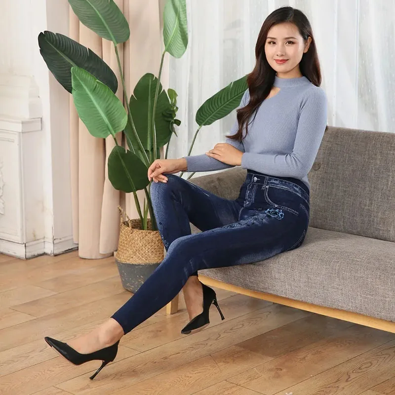 Mom Warm Print Leggings Imitate Denim Winter Plush Velvet Lined Leggins Pants slim Trousers Thicken Ankle-length Legginsy Broek