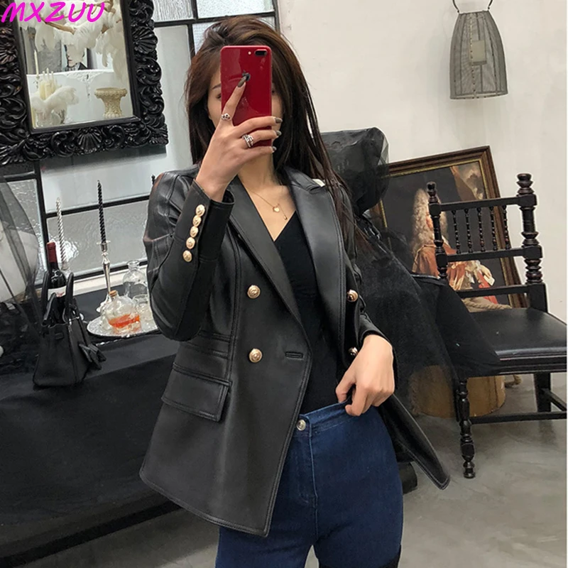 

Young Suit Leather Jackets Coat Women High Quality Slim Genuine Sheepskin Long Sleeve Mid-Length Black/Apricot Casacos Feminino