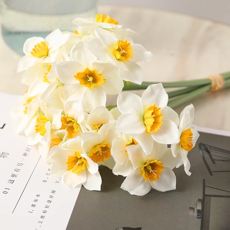 6Pcs/bunch White Artificial Narcissus Flower Bouquet Home Garden Desktop Decoration Floral Party Wedding Bridal Fake Flowers