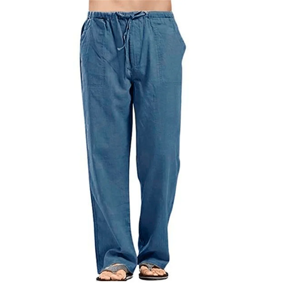 

2024 Summer Men's Cotton Linen Pants Summer Solid Color Breathable Linen Trousers Male Casual Elastic Waist Fitness Pants Wide