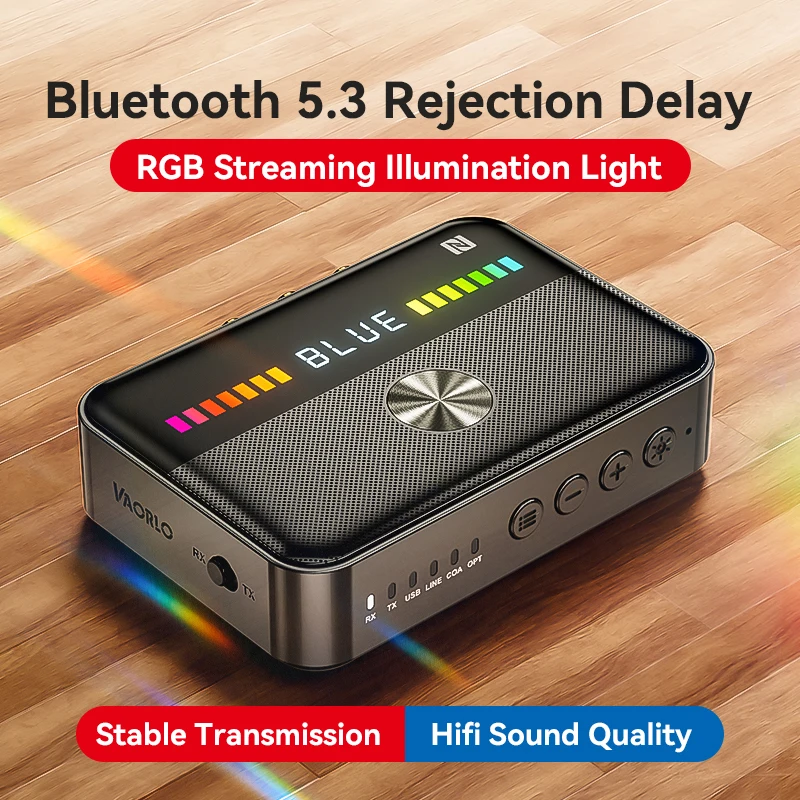 VAORLO NFC Bluetooth 5.3 오디오 수신기 송신기 RGB 다채로운 빛 USB 3.5MM AUX RCA 동축 광 DAC 변환기 PC TV 차량용 스피커 헤드폰 용 HIFI 블루투스 무선 어댑터