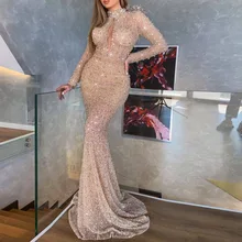 

New 2022 Winter Exquisite Long Sleeve Sexy Cut Out Mermaid Evening Dresses for Formal Party Full Length Sequins Cocktail Vestido