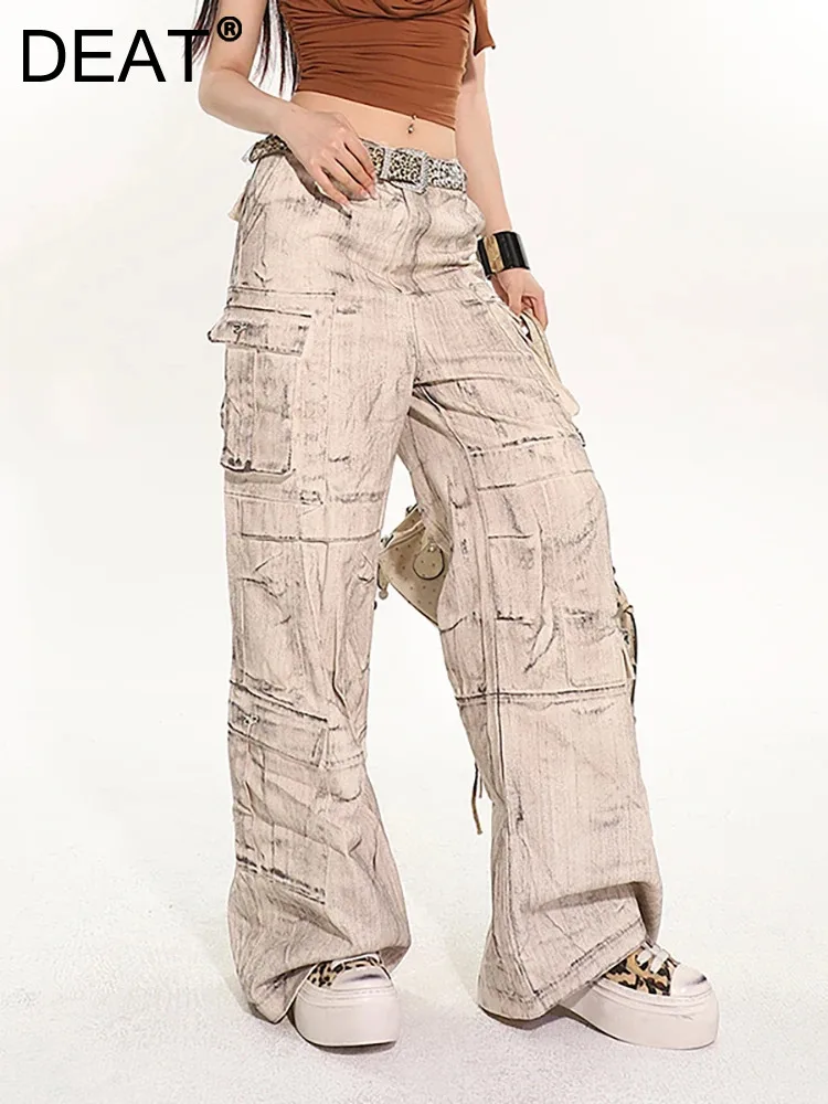 

DEAT Women Jeans High Waist Do Old Multiple Pockets Lace-up Straight Wide Leg Cargo Denim Pants 2024 Summer New Fashion 29L7461