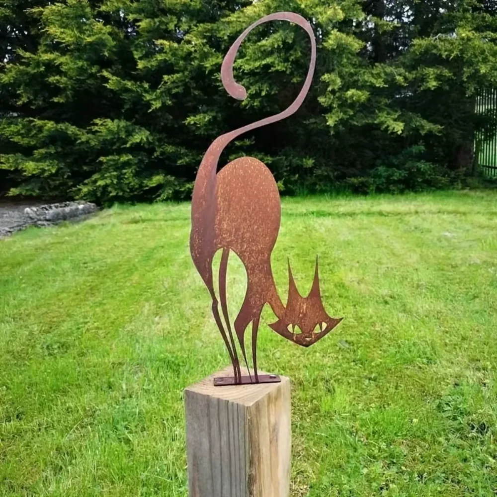 Rusty Wrought Iron Cat Halloween Fence Ornament - Garden Decor