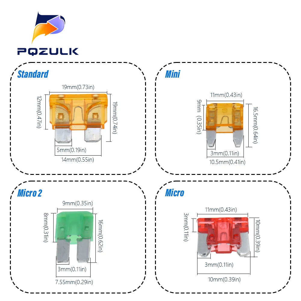 Car Fuses Profile Medium Mini Micro2 Size Blade Type Assortment 5/7.5/10/15/20/25/30/35A with Box Clip