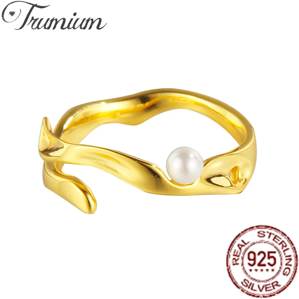 

Trumium s925 Sterling Silver Simple Wave Pearl rings for women Adjustable bump Finger ring Irregular Fashion Jewelry Gifts Girl