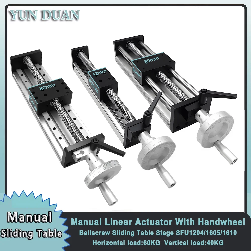 แท่นเลื่อนแบบแมนนวลพร้อมบอลสกรู SFU1605/1610 พร้อมวงล้อหมุน รางเลื่อนแบบเส้นตรง ตัวกระตุ้นเชิงเส้น ระยะเคลื่อนที่ 100 มม.-1000 มม. สำหรับเครื่อง CNC และเครื่องพิมพ์ 3 มิติ 1