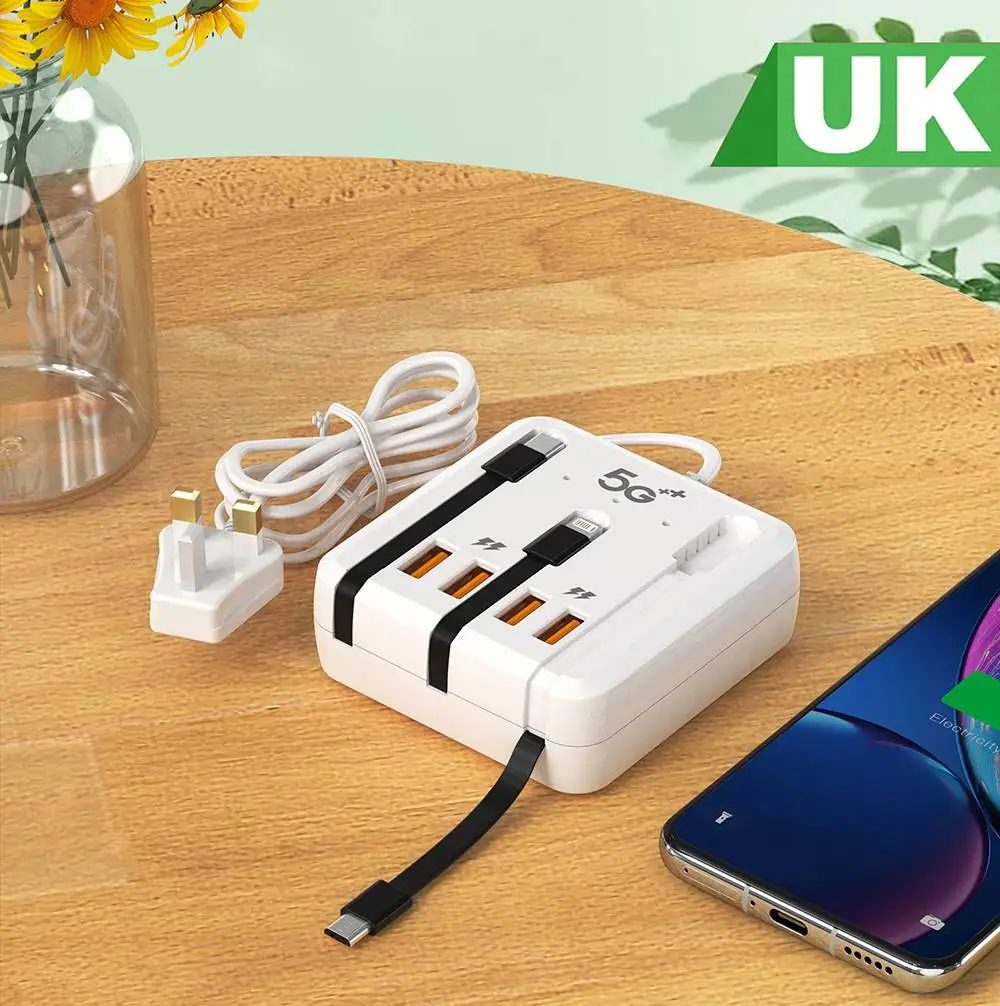 High-Speed 4-Port USB-C PD Charging Station with Integrated Power Strip and Cables