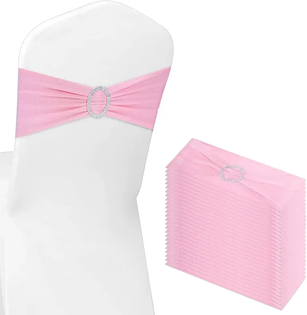 20PCS Stretch Chair Sashes Bows Elastic Chair Cover Bands Ties with Buckle Slider for Wedding Party Banquet Decorations(Pink)