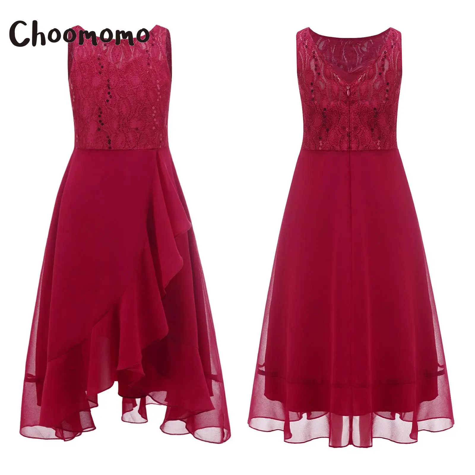 

Choomomo Kids Girls 6-16 Elegant Long Sleeveless Burgundy Party Dress Scoop Neck and Ruffle Asymmetrical Hem Chiffon Dance Dress