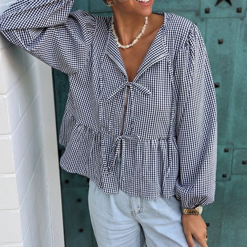 

Женская летняя рубашка с круглым вырезом, топ на шнуровке с передней планкой и длинными рукавами, ажурная комбинация с оборками, весна-лето 2024