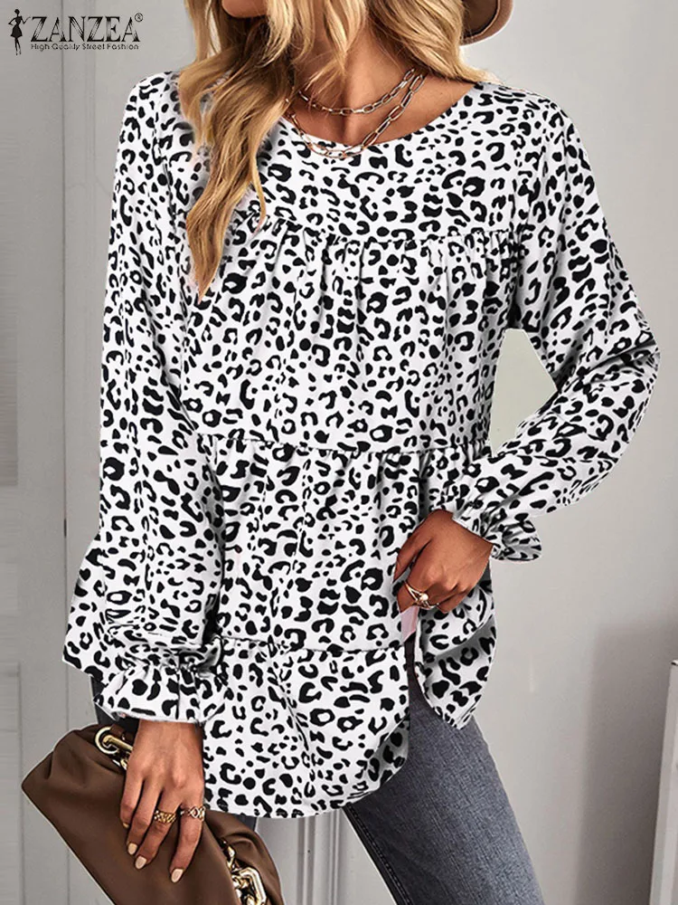 

Женская Осенняя блузка ZANZEA с круглым вырезом, 2023, праздничные Топы с длинным рукавом, пикантные рубашки с леопардовым принтом, блузка-туника оверсайз со складками