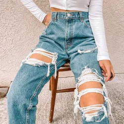 Retro Ripped Jeans For Women Summer And Autumn 2024 New High-waisted Slimming Versatile Loose Design wide-leg Pants