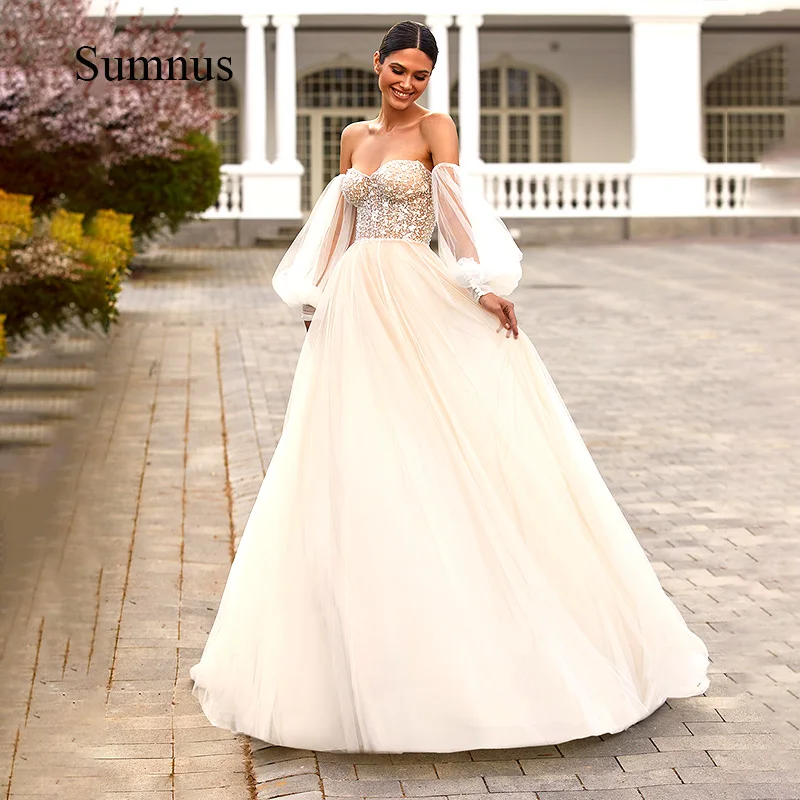

Sumnus Boho Wedding Dress Appliques Sweetheart Detachable Puff Sleeve Tulle Bride Gowns Back Button Wedding Gown Robe de Soiree