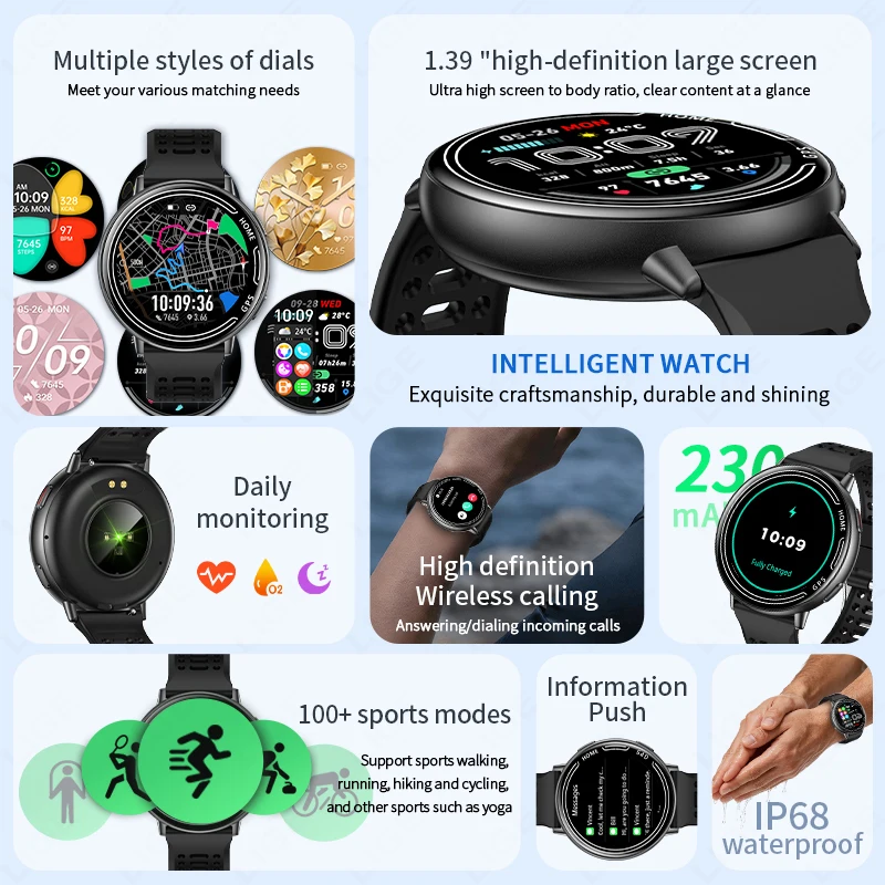 LIGE GPS Smart Watch Heart Rate Monitoring Bluetooth Call Outdoor Sports 1ATM Waterproof 1.39 Inch Screen Men Woman Smartwatch