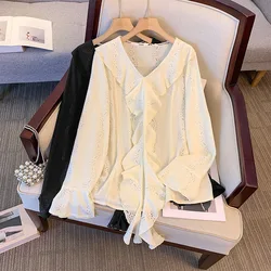 150Kg Plus Size Women's Bust 146 Spring Summer Long Sleeved Lace Chiffon Shirt Jacquard Hollow Top 5XL 6XL 7XL 8XL 9XL