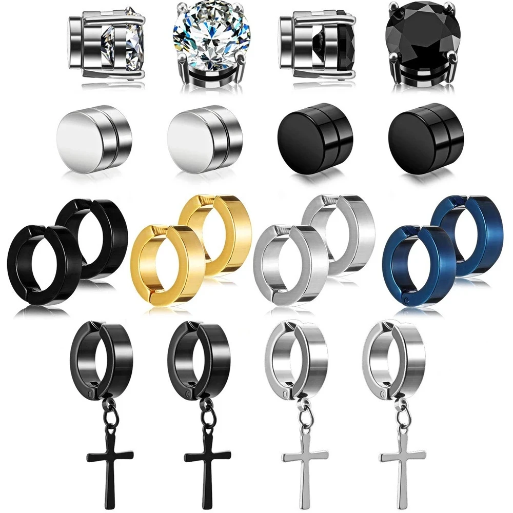 10 Pairs Stainless Steel Non-Piercing Magnetic Stud Earrings Unisex CZ Magnet Ear close Clip Women Men Punk Hip Hop Earring Set