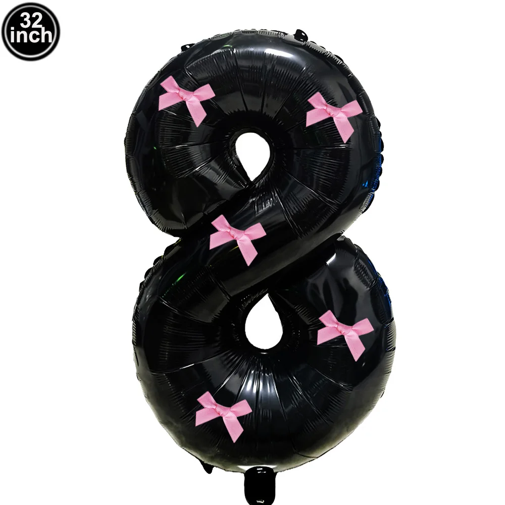 32 Blue, Pink, and Black Number Balloons with Ribbon Bows
