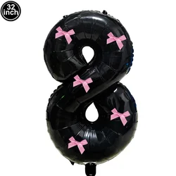 32 Blue, Pink, and Black Number Balloons with Ribbon Bows - 32inch (Iridescent)
