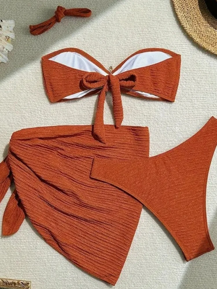 Sexy Metal Starfish Bikinis Set Women Brown Bandeau Push Up Mesh Skirt 3 Piece Swimsuit 2025 Beach Bathing Suit Holiday Swimwear 3