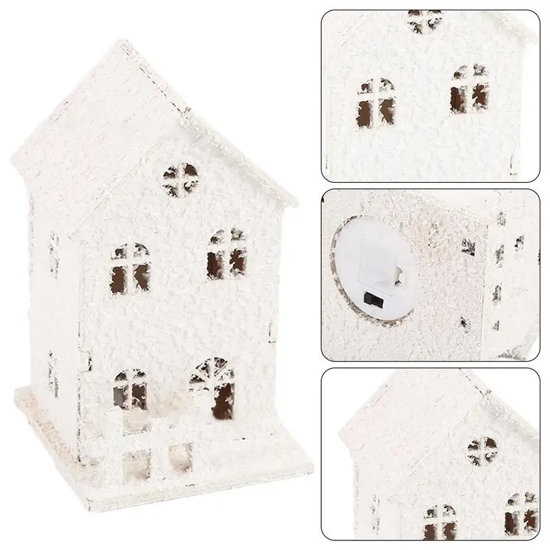 Christmas LED Light Wooden House White Snow Luminous Cabin Christmas Tree Hanging Ornament Glowing Castle Gift New Year