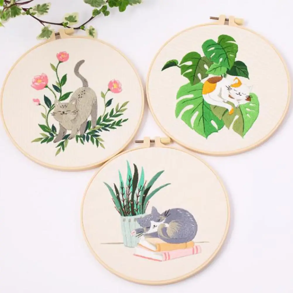 Diy Cat Embroidery Starter Kit Embroidery Hoops Threads Needles Cross Stitch Kits Beginners
