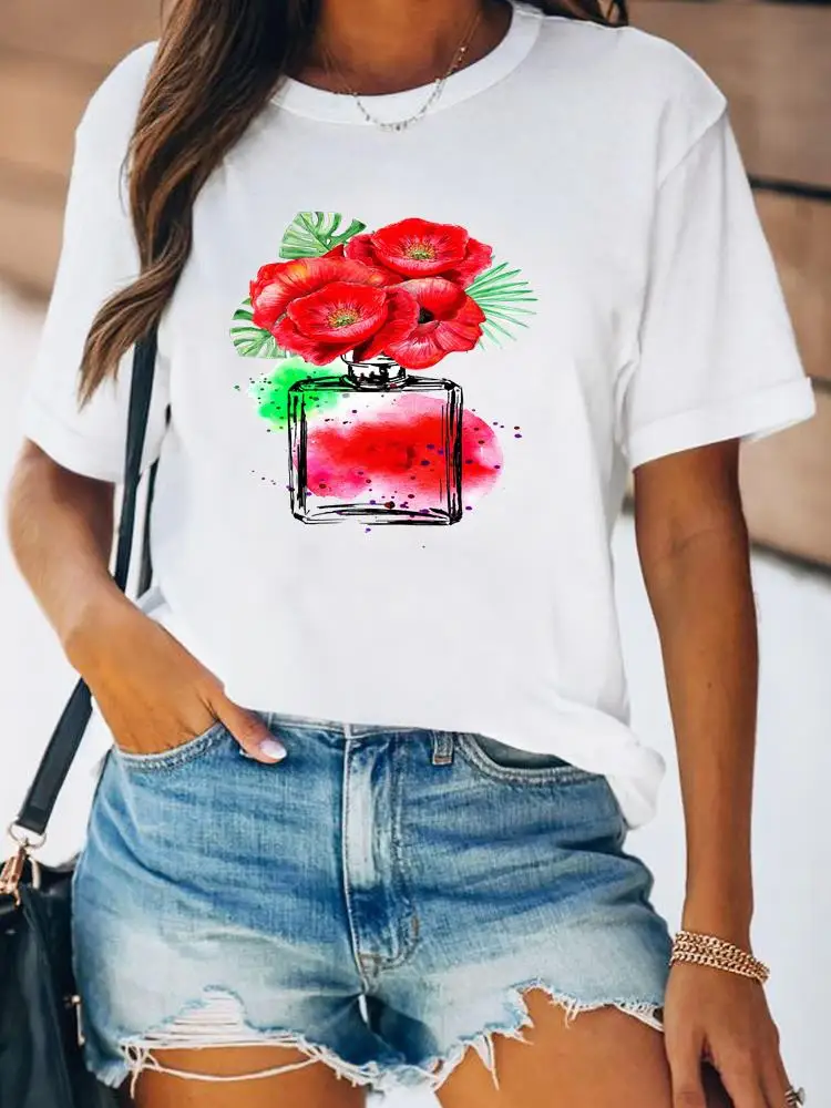 Women Spring Fashion Summer Female Tee Shirt Print Clothes Lady Short Sleeve Flower Lovely Floral Trend 90s Graphic T-shirt