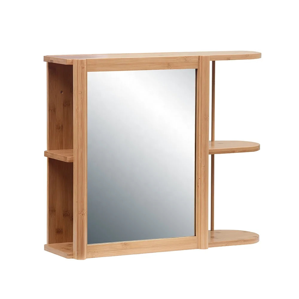 Bamboo Natural Contemporary Home Hotel Glass Bathroom Wall Cheap Bamboo Frame Mirror Cabinet with Shelf